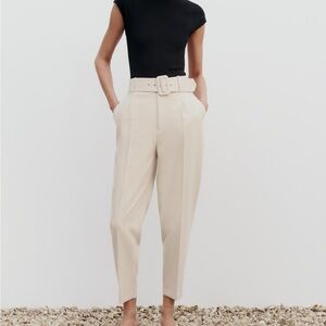 NWT Zara Belted High Waist Beige Ecru Trousers